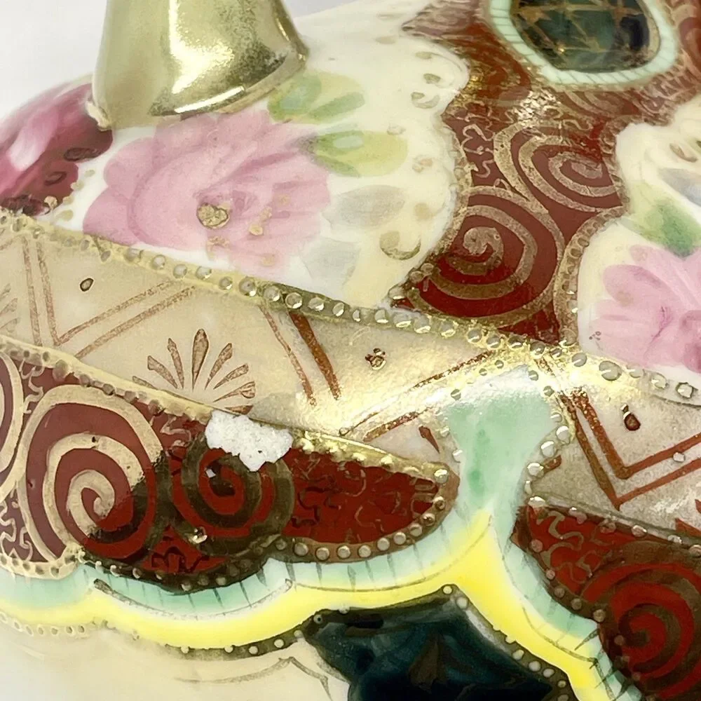 VTG Nagoya Japan Moriage Vase 7.5in Hand Painted Pink Roses Gold Double Handle
